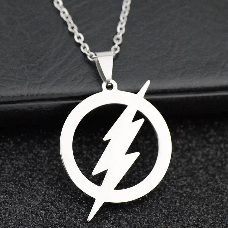 

Simple Lightning Shape Silver Stainless Steel Necklace Trendy Round Pendant Necklaces Women Kids Minimalist Collier Femme