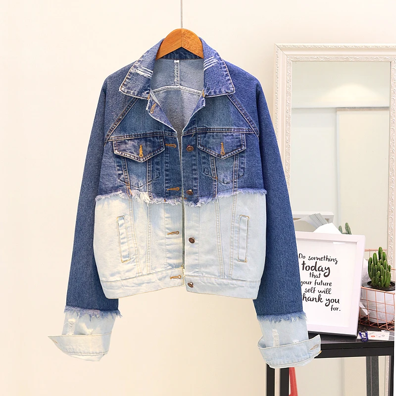 

2018 Spring Fall Women Harajuku Short Denim Jacket Coat Color Patch Jeans Jackets Student Loose BF Wind Basic Coats