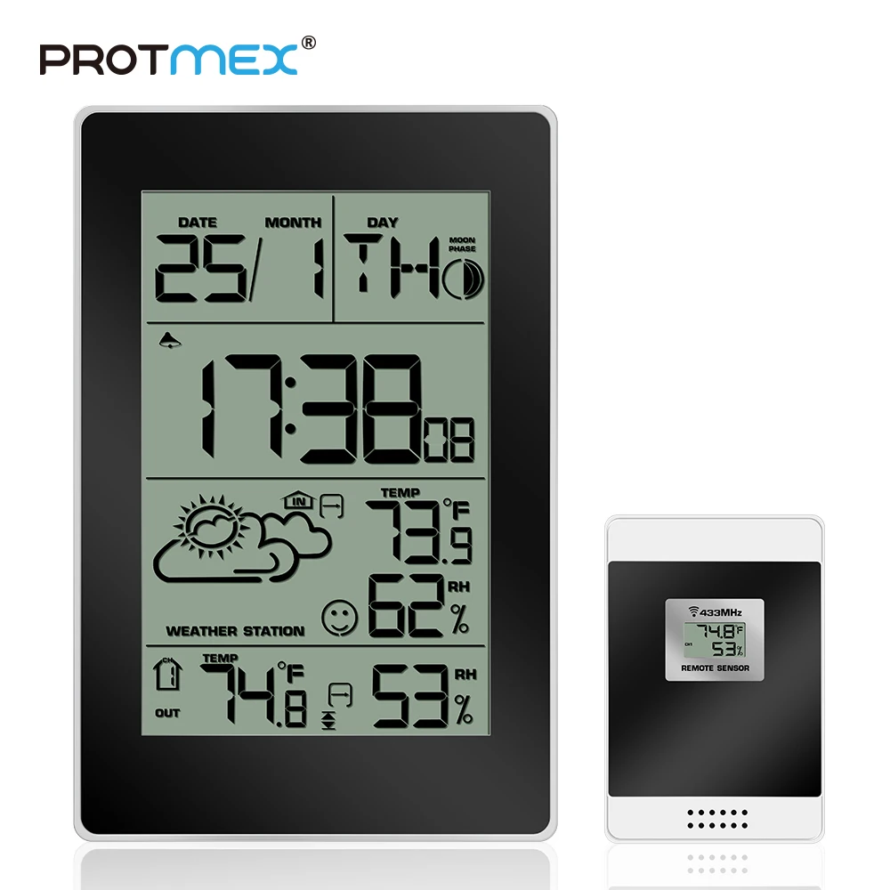 PROTMEX Weather Station Clock Temperature Humidity Wireless Sensor LCD Display Backlight Weather Forecast Moon Phase PROTMEX Weather Station Clock Temperature Humidity Wireless Sensor LCD Display Backlight Weather Forecast Moon Phase