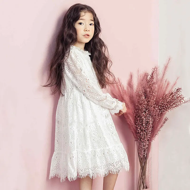 

Figwit Kids Dress Mesh Lace White Long Sleeve Christmas Dress Girls Spring Autumn Teenage Clothing Dress for Age 4 to 13 Years