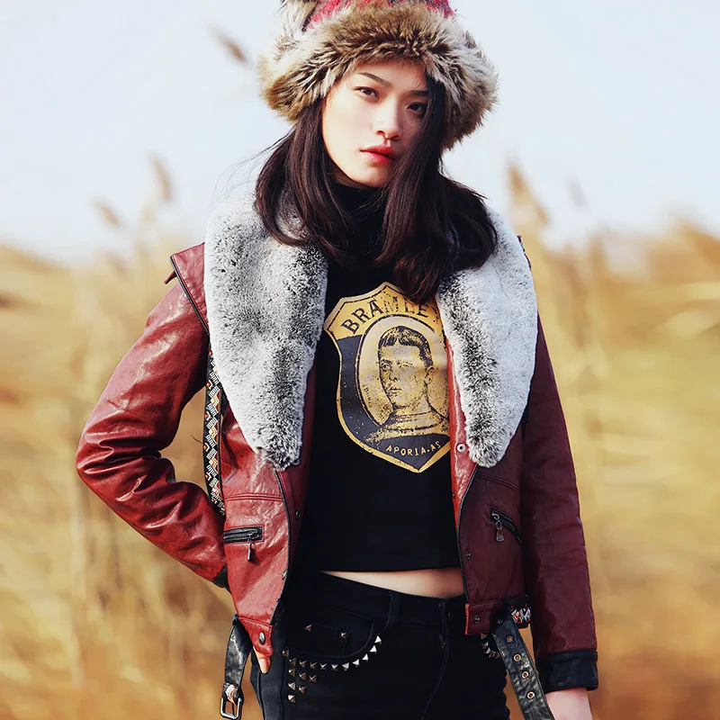 

2019 AIGYPTOS New Women Winter Vintage slim large fur collar PU leather thickening embroidered short jacket outerwear