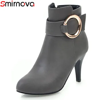 

Smirnova new arrival thin high heels boots round toe metal decoration ankle boots women 2018 women's winter zip sexy shoes