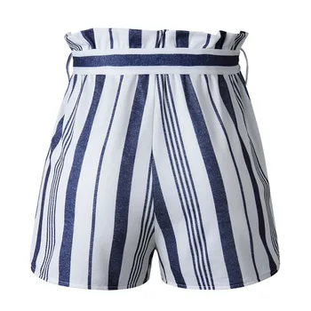 

Women Summer shorts Sexy Trousers Elastic High Waist Loose Print Striped Lace-up Pocket Shorts short feminino
