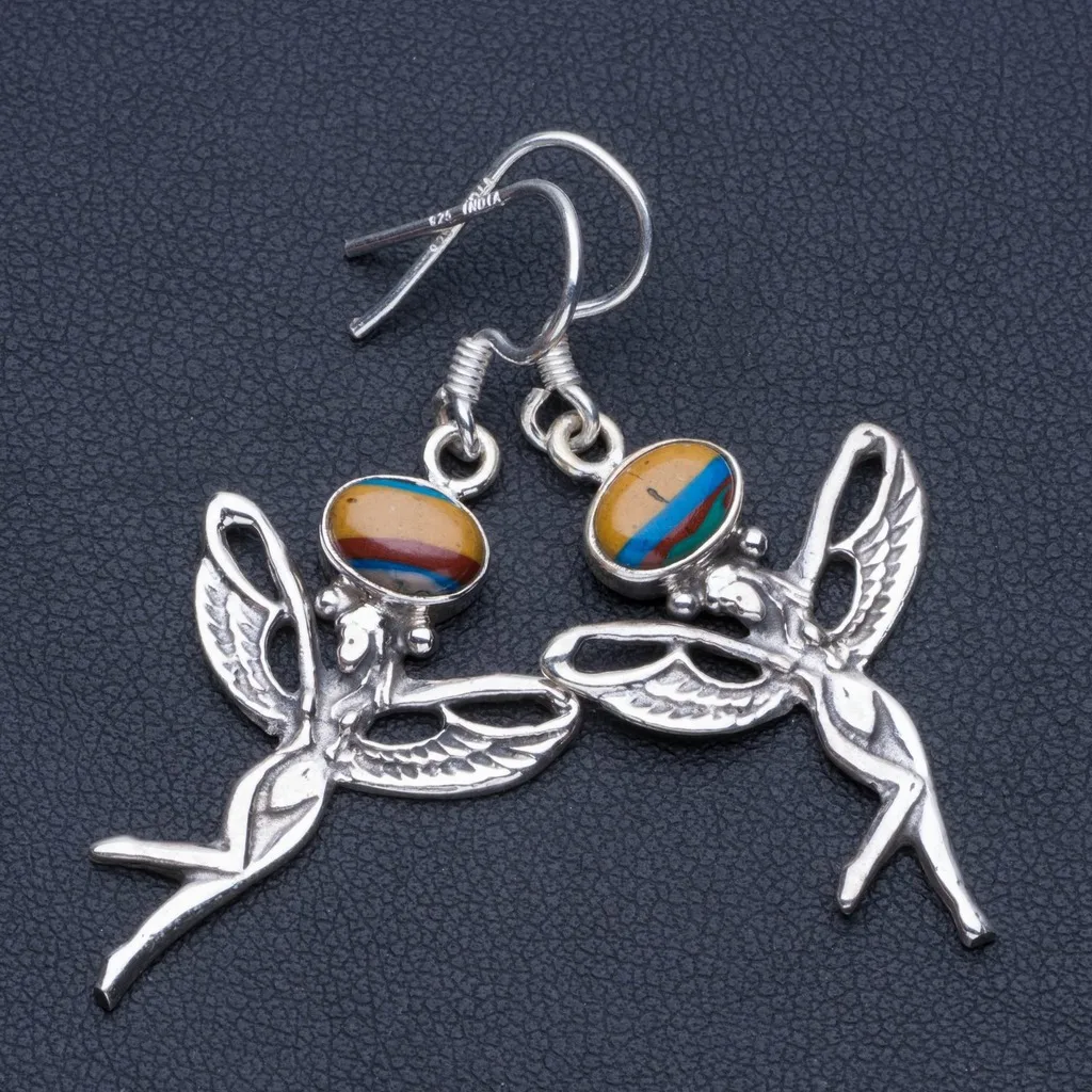 

Natural Mosaic Jasper Boho 925 Sterling Silver Drop Earrings 1 3/4" R1468