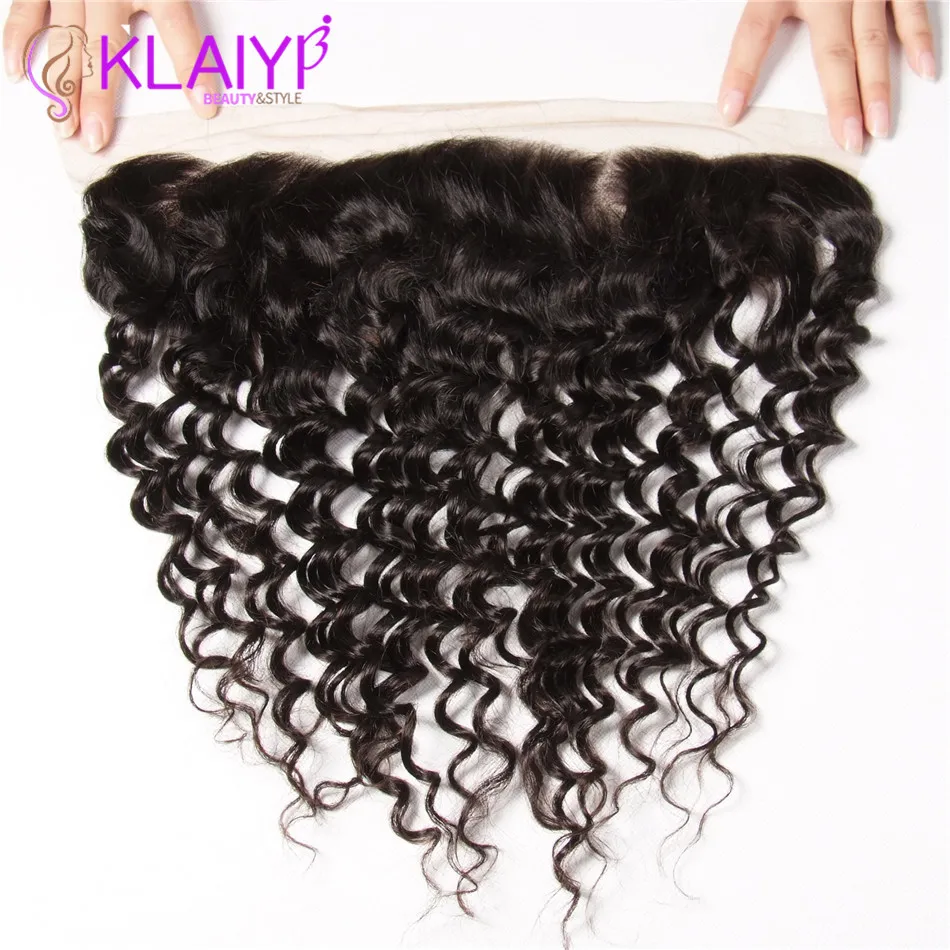 Klaiyi Hair Ear To Ear Lace Frontal Closure Human Hair 13X4 Without Baby Hair Peruvian Deep Wave Free Part Remy Hair Frontal