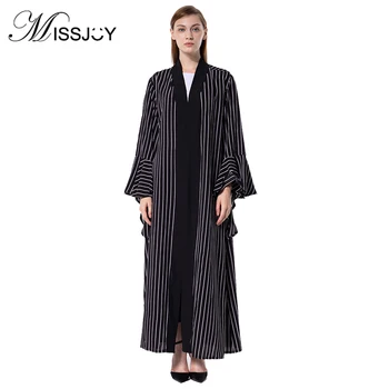 

MISSJOY 2018 Autumn Abayas for women Muslim Fashion Striped Trumpet Sleeve Loose Lace Cardigan Robe elegant patchwork dresses