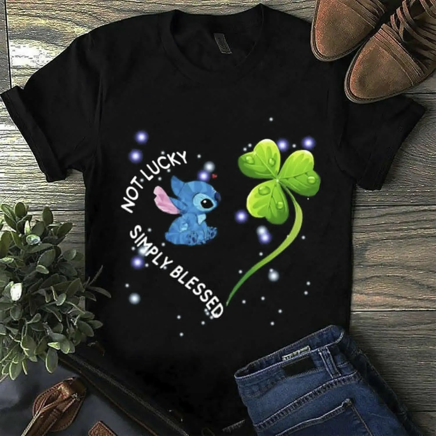 

St Patrick'S Day Stitch Shamrock Not Lucky Simply Blessed Men Black T Shirt S6Xl