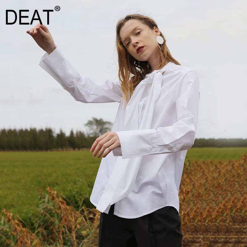 

[DEAT] 2019 New Spring Summer Round Neck Long Sleeve White Bow Split Joint Loose Temperament Shirt Women Blouse Fashion JW71