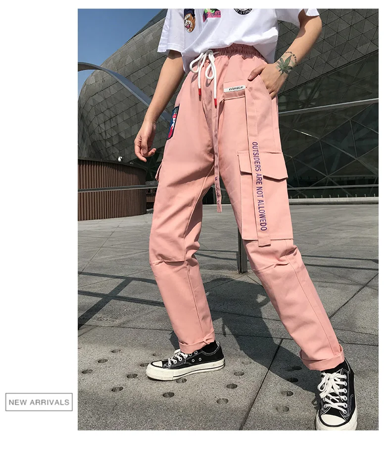 WKOUD женские брюки-карго на завязках, на талии, с буквенным принтом, спортивные штаны, розовые, с большими карманами, по щиколотку, брюки, женские брюки, P8918