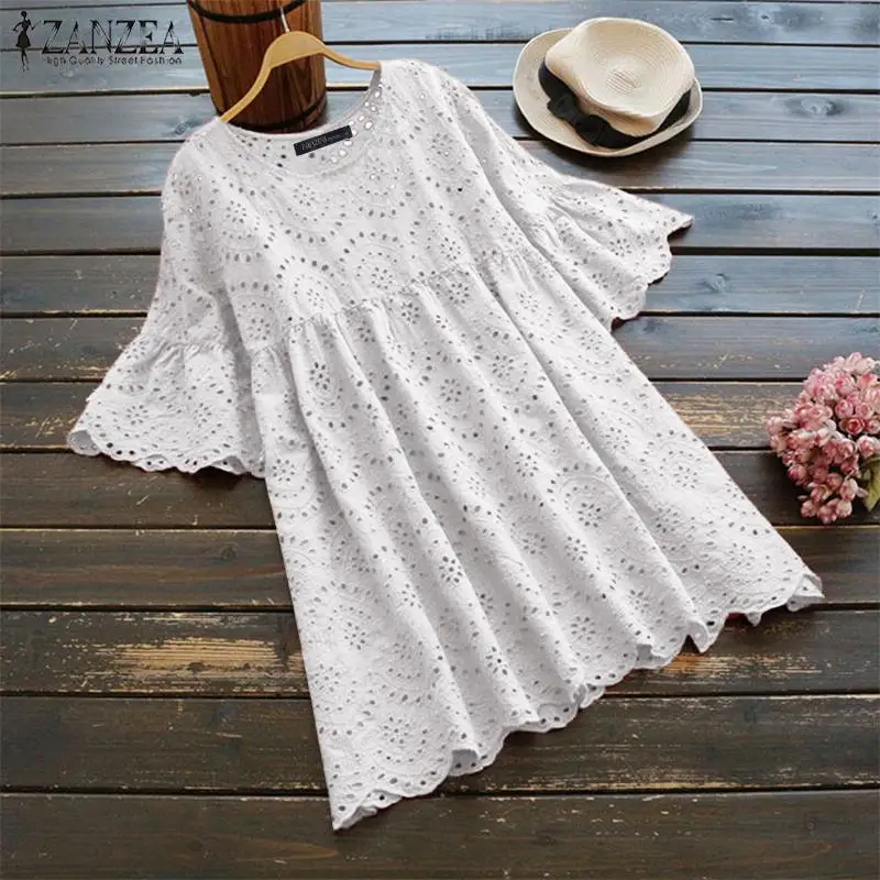  2019 ZANZEA Summer Hollow Out Blouse Women Ruffles Sleeve Shirt Robe Vintage Embroidered Tunic Tops