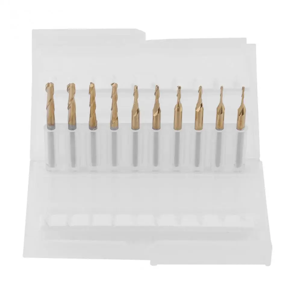 

10pcs Titanium Coated Ball Nose Milling Cutter Drill Bits 3.175mm Shank 1*4/1.5*6/2*8/2.5*12/3.175*12mm Cutting Tools