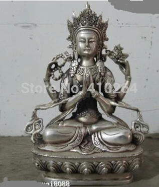 

Tibet Fane White bronze Silver Four Armed Avalokitesvara Kwan-Yin Buddha Statue