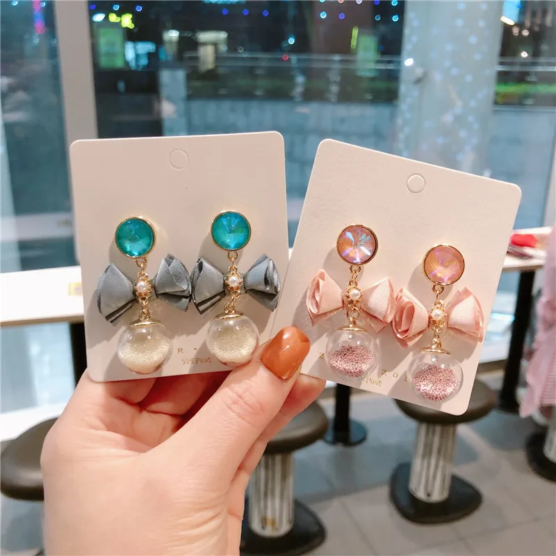 

2019 New Korean Fashion Bow Statement Earrings Cute Long Drop Earring Glass Bulb Earring for Women Wedding Party Jewelry Gifts