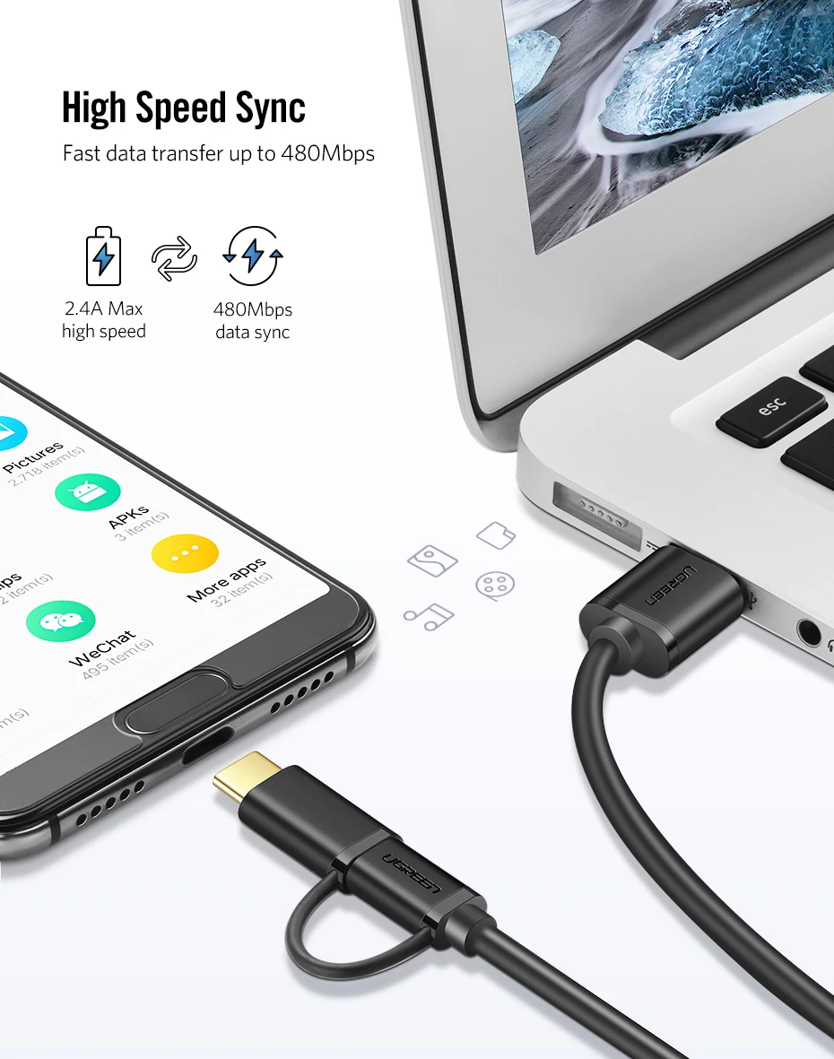 Ugreen usb type-C кабель для samsung Galaxy S10 S9 Plus 2 в 1 быстрая зарядка Micro USB кабель для Xiaomi Tablet Android USB кабель