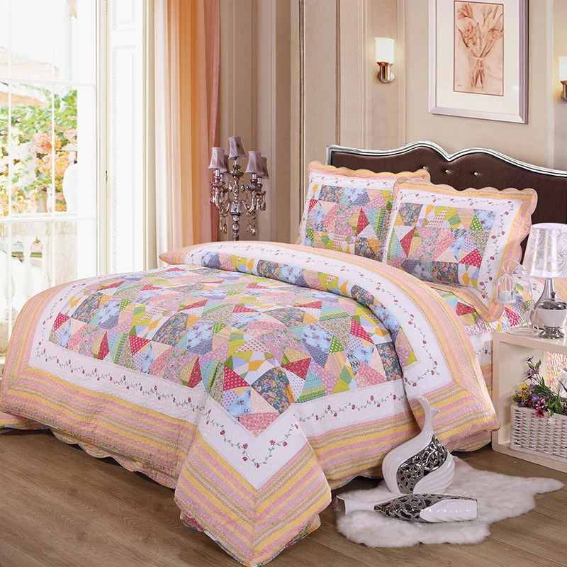 CHAUSUB Patchwork Quilt Set 3pcs/4PCS Pastoral Cotton Quilts Bedspread Coverlet Duvet Cover Pillowcase Quilted Bedding Set
