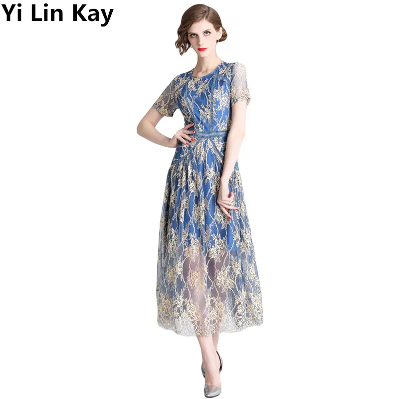 

Yi Lin Kay 2019 Women Designer short sleeve dresses runway Party Vestidos High Quality Mesh Patchwork Hollow Out Dress