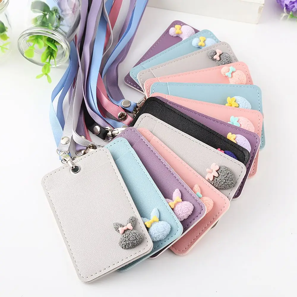 

1pc Cute Leather Card Holder Neck Strap with Lanyard Badge Holder Bus Staff ID Name Card Holder Kawaii Stationary Papeleria Gift