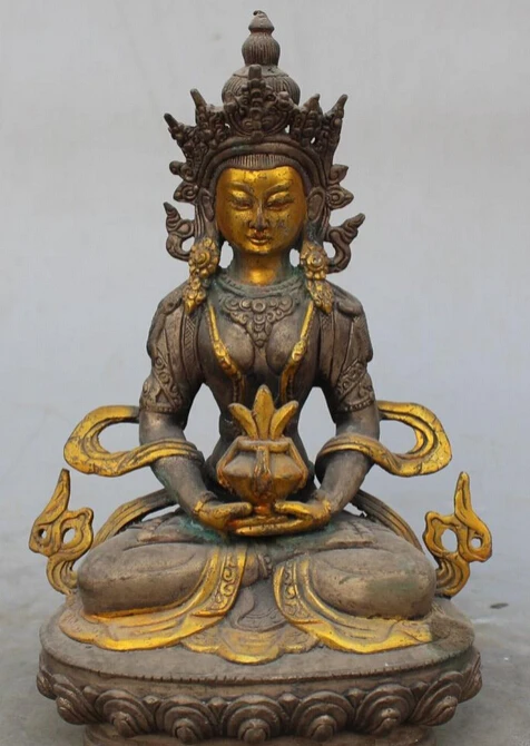 

6" Tibet Buddhism Temple White Copper Gilt Amitayus Longevity God Buddha Statue S0706