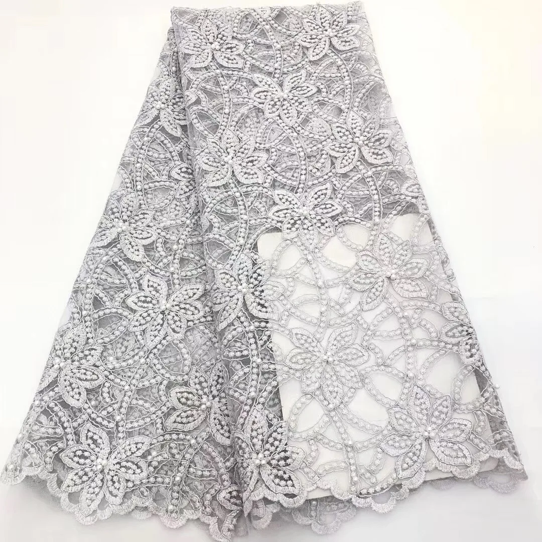 

2019 Hot Sale African Lace Fabrics With Beads French Lace Fabrics High Quality Nigerian Lace Fabrics For Wedding Dress white