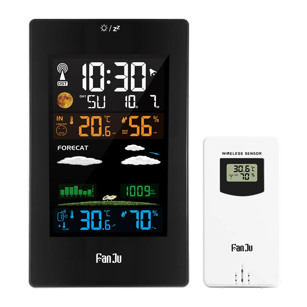 

FJ3389 Color Weather Station Wireless Thermometer Hygrometer Barometer Weather Forecast Digital Alarm Wall Clock Time Calendar