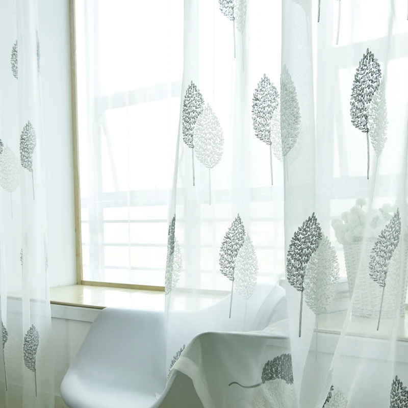 Простые серые/белые занавески из вуали с двойной вышивкой в виде листьев для спальни, гостиной, тюлевые кружевные занавески для окон