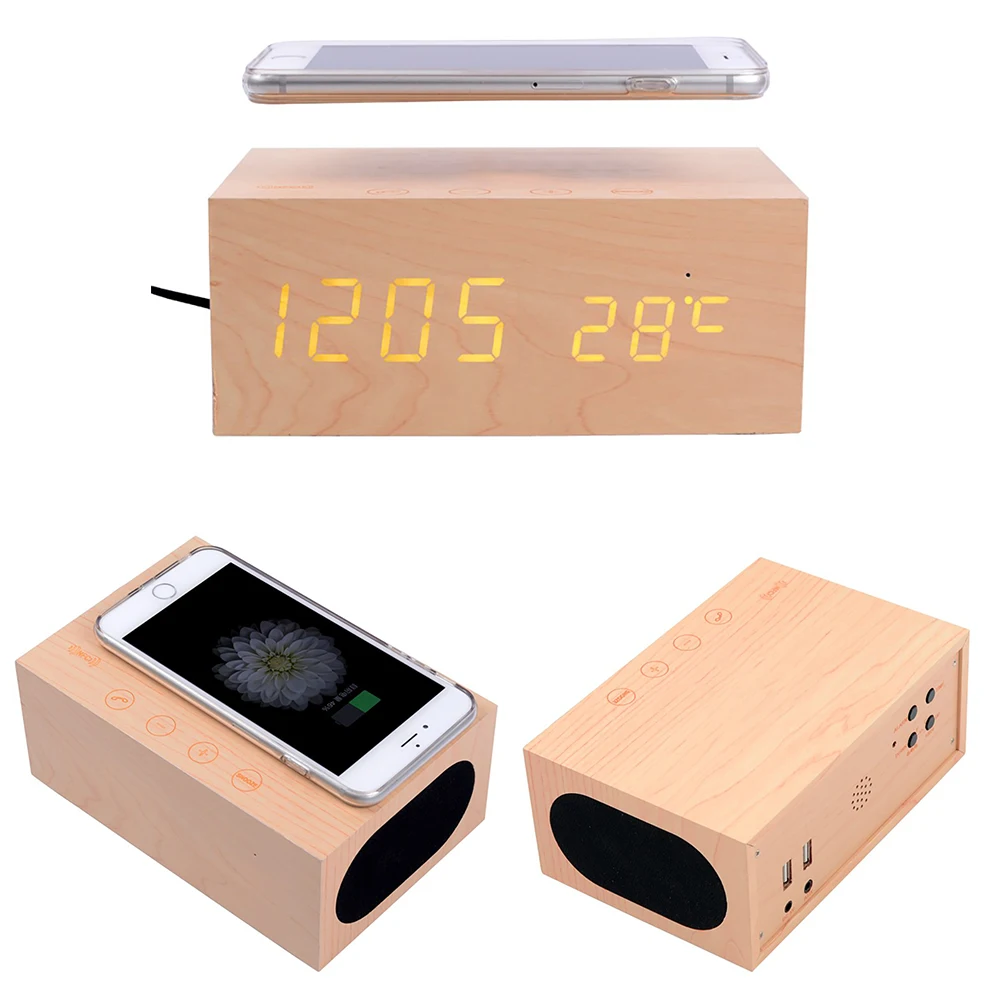 

FORNORM Mobile Phone Bluetooth Speaker Wireless Charging Wooden LED Display Touch Keys Bluetooth Speaker Wireless Charger