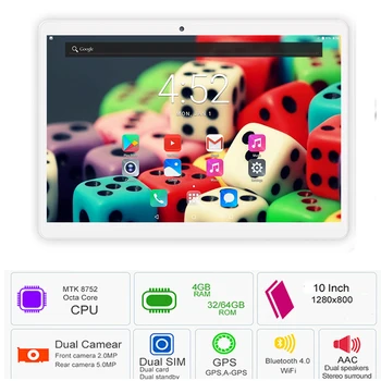10 inch Tablet Google Android 7.0 Nought 4GB+64GB Tablet 64 Bit Octa Core 4G LTE WiFi Bluetooth 1280x800 IPS Google Play Tablets