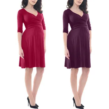 

Women's Maternity Solid Color 3/4 Sleeve V-Neck Formal Dress Pregnancy Clothes ropa mujer Clothes For Pregnant WomenD4