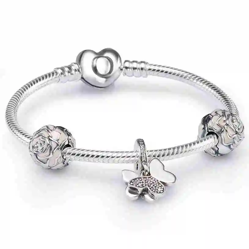 

SIEMTO925 Sterling Silver FLUTTERING BUTTERFLY CHARM BRACELET SET fit DIY Original charm Bracelets jewelry A set