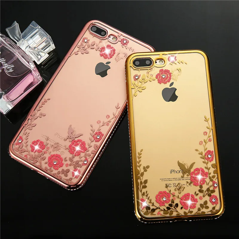 Luxury Flora Diamond Silicone Rose Gold Case For iPhone 7 7 Plus 6 6s