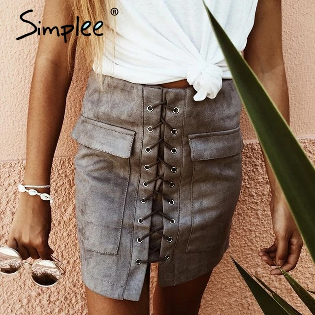 

Simplee Apparel Autumn lace up suede leather women skirt 90's Vintage pocket preppy short skirt Winter high waist casual skirts