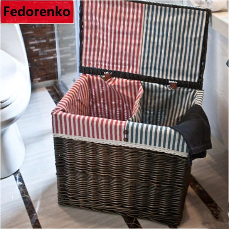 Large wicker rattan Laundry baskets natural rattan baskets with lid clothes storage box and bins covered home decor organizer