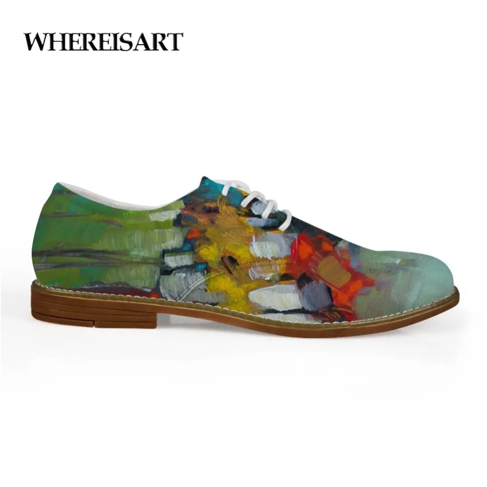 

WHEREISARTHard-Wearing Landsca Painting Leather Shoes Men Breather Men Fashion Leather Loafers Flat Spot Printing Dress Shoes