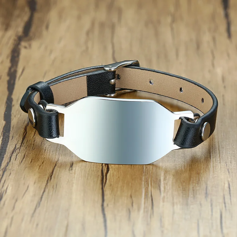 

Stainless Steel and Black Leather Bracelet Blank Metal Bar Bracelet Blank Stamping Tags Free Custom Engraving