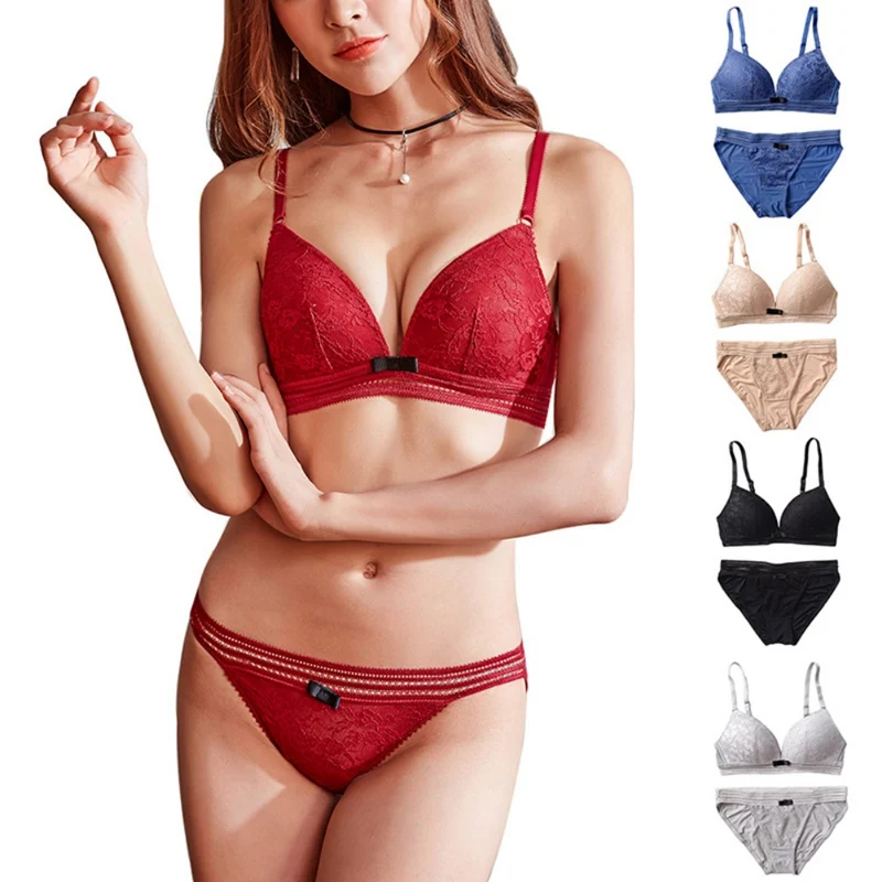 

Deep V Sexy Straps Brassiere Fashion Soft Adjustable Wireless Bra and Panty Set Women Lace Bras Female Lingerie Bras 2019