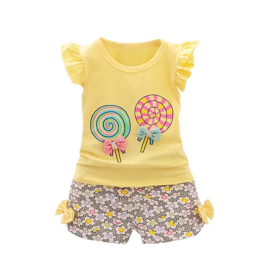 Коллекция года, летний комплект из 2 предметов для маленьких девочек Футболка с рисунком Лолли топ+ короткие штаны, комплект одежды, Лидер продаж, детская одежда для малышей