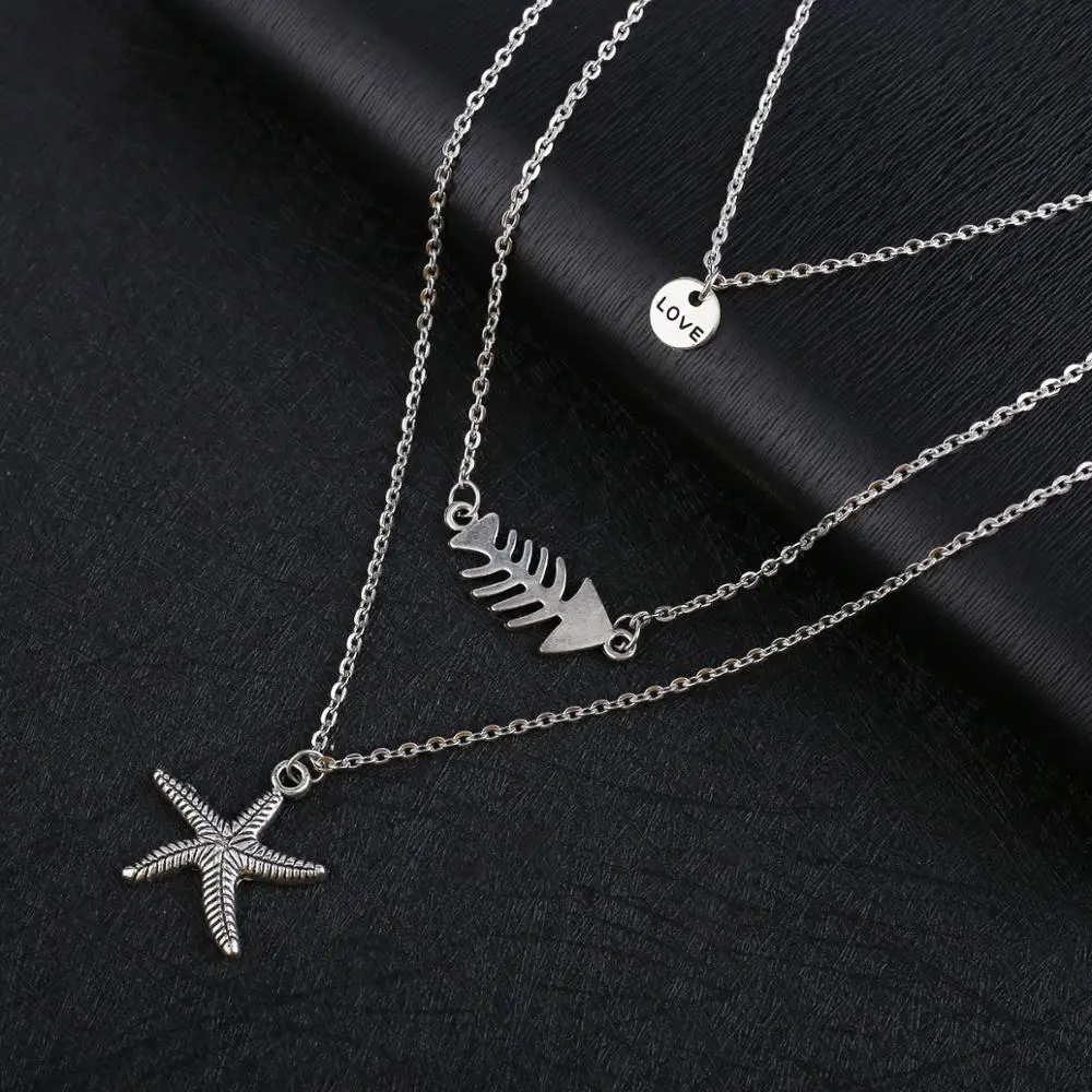 

SUKI Multi-layer Starfish Fish Love Round Pendant Necklace Summer Beach Bohemian Long Clavicle Chain Necklaces for Women Jewelry