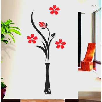 

Red Flower Vase 3D Acrylic Wall Stickers DIY Wall Decals Home Art Mural Decor Room Entrance ,Kitchen Background Wall Decoration