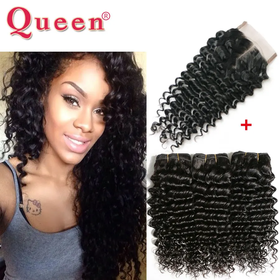 Brazilian Virgin Hair Deep Wave 3 or 4 Hair Bundles With Lace Closure Brazilian Deep Wave With Closure 100% Human Hair Extension