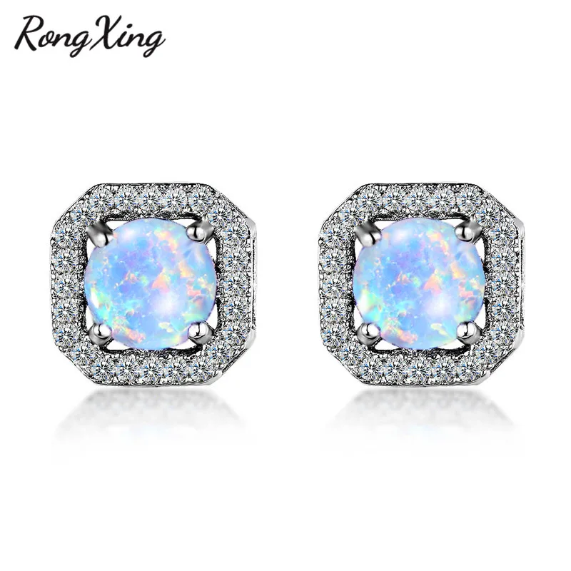 RongXing 925 пробы, заполненные серебром, белый/синий/зеленый огненный опал, циркониевые квадратные серьги-гвоздики для женщин, радужные серьги с камнем рождения - Окраска металла: White Opal