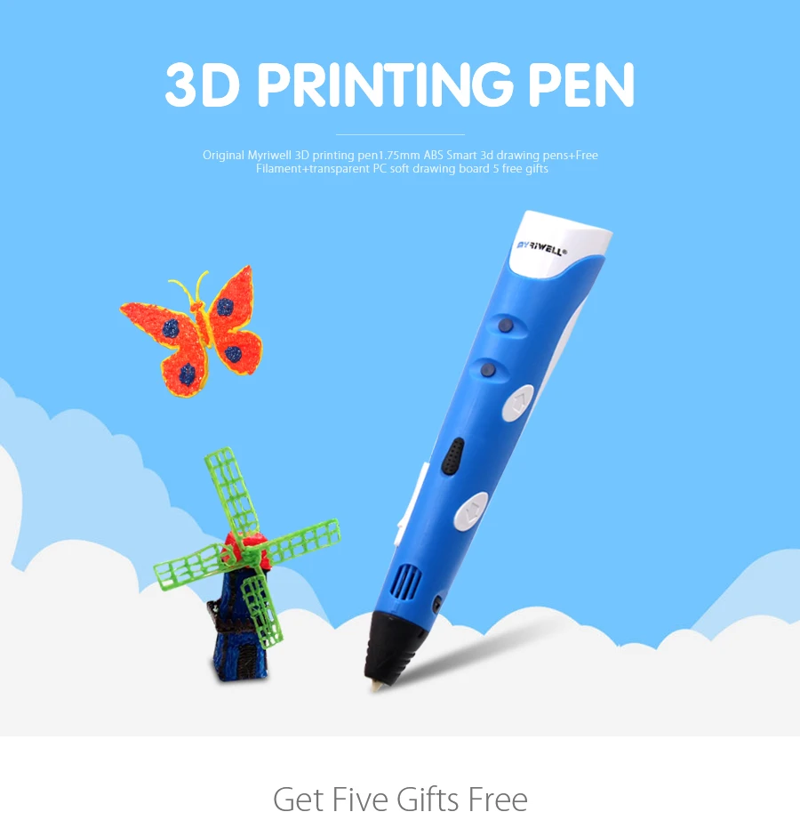 Оригинальный Myriwell 3D печать pen1.75mm ABS умные 3d ручки для рисования + бесплатная нить + прозрачный ПК мягкая доска для рисования 5 бесплатных