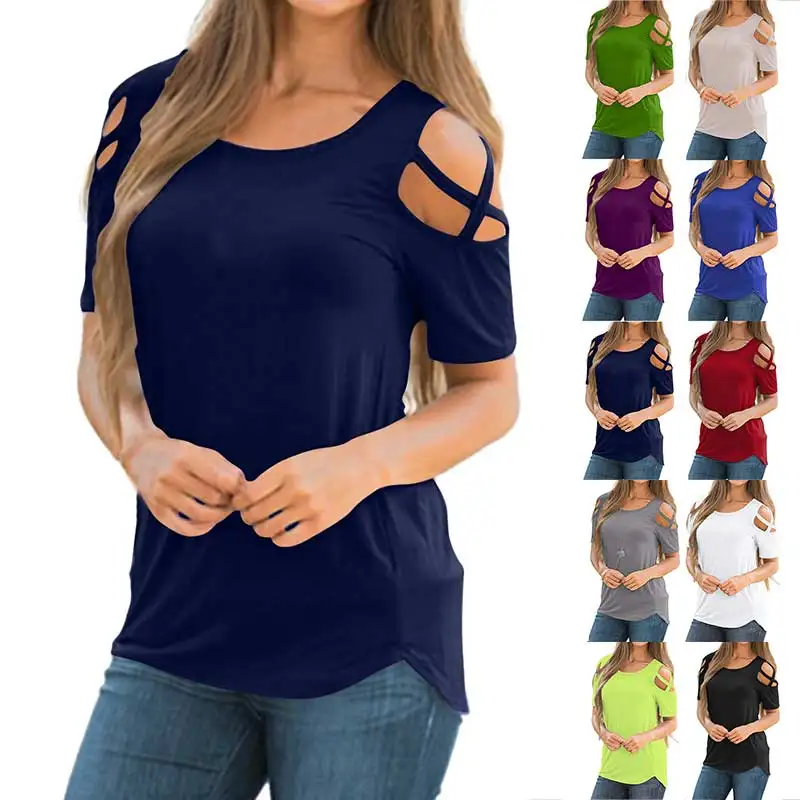 

Plus Size 2XL Summer Women T Shirt Casual Loose Top Short Sleeve Strappy Cold Shoulder T-Shirt Tops Blusa Femme Women Clothing