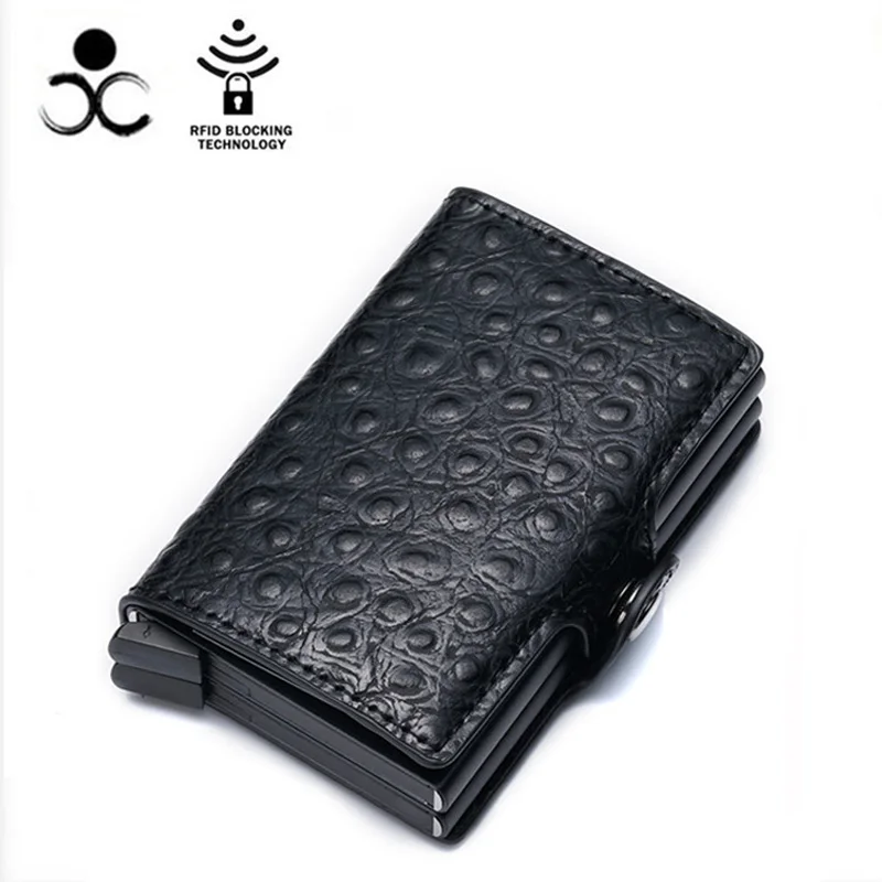

New Unisex Business Credit Card Holder Metal RFID Double Aluminium Box Ostrich pattern discoloration Leather Travel Card Wallet