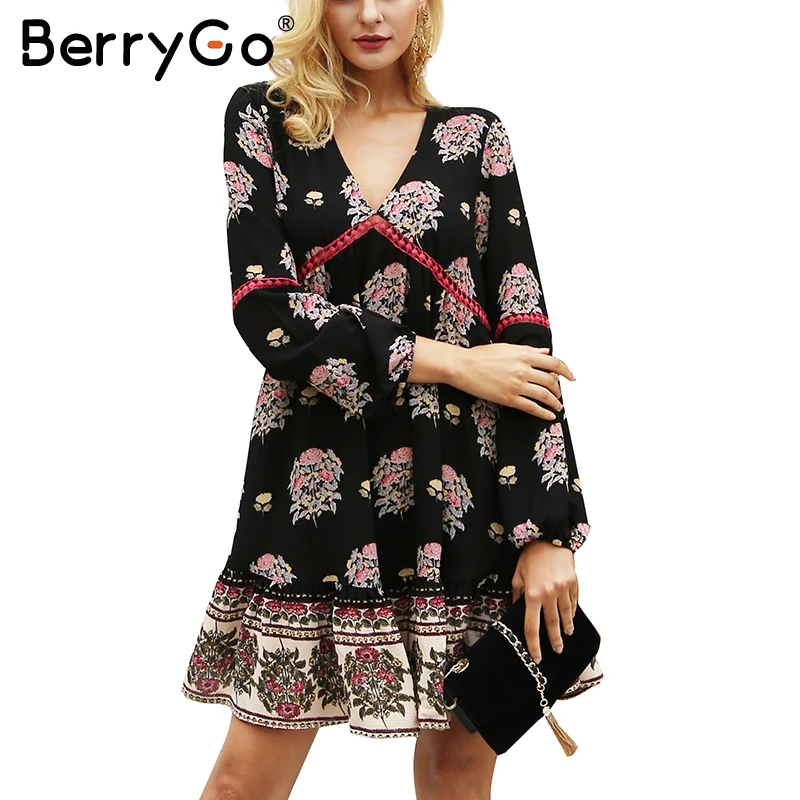 

BerryGo Floral print ruffle chiffon dress women Long sleeve v neck winter dress Hollow out robe femme vestidos autumn dress