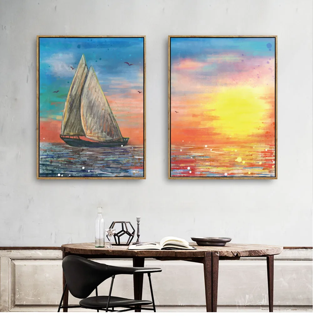 ALMUDENA-No-Frame-Retro-Oil-Canvas-Picture-Sailing-Boat-Sunset-Seascape-Painting-for-Living-Room-Home