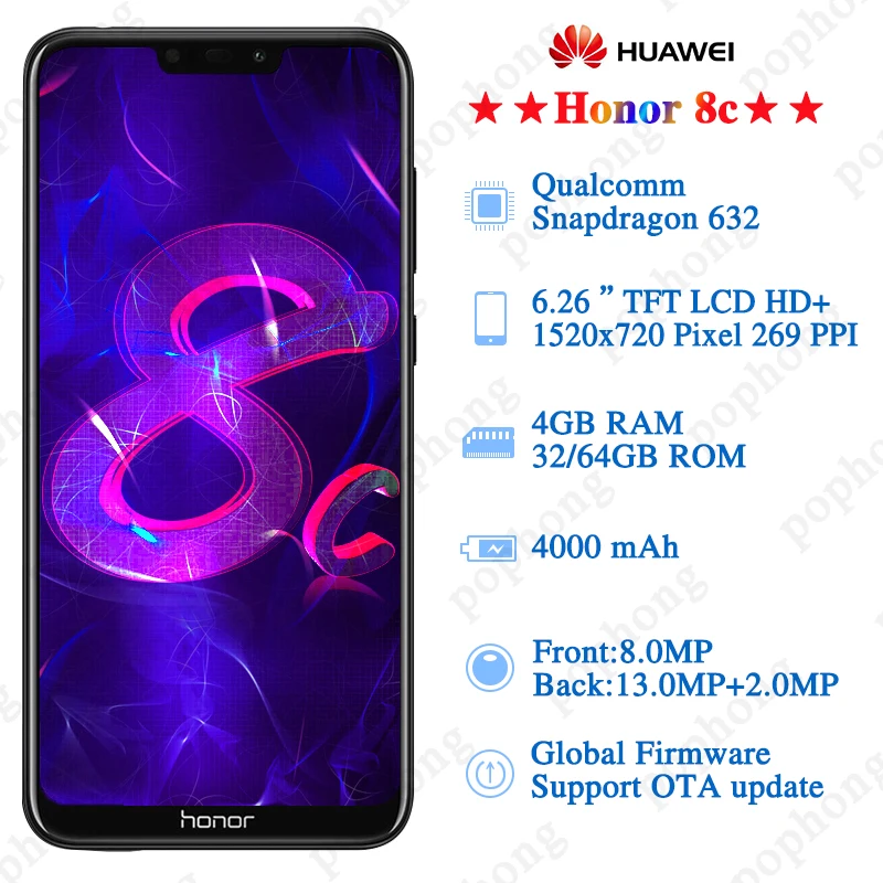 Глобальная прошивка поддержка HONOR 8C 6,26 дюймов Snapdragon 632 Octa Core 4000 мАч 3 карты VoLTE Face ID полный Экран мобильного телефона из закаленного стекла