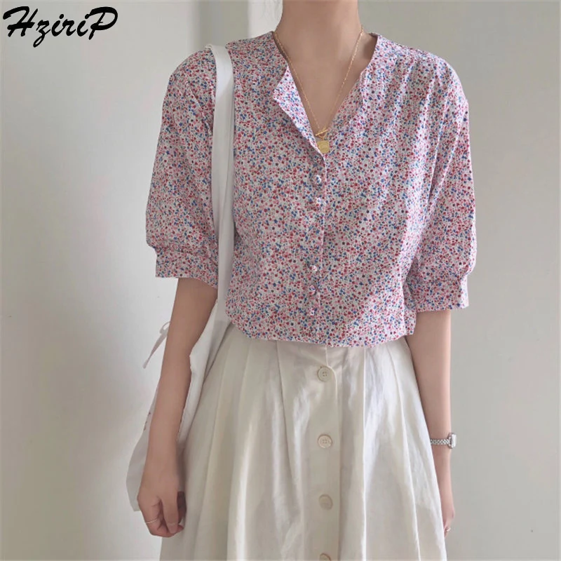 

Hzirip Prairie Chic Summer Simple Female V-Neck Print Floral 2019 Fashion Sweet All-Match Fresh Women Half-Sleeved Loose Shirt