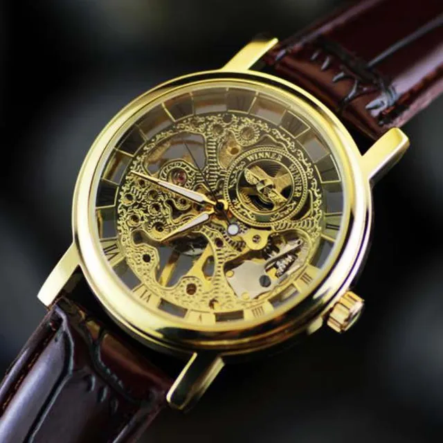 Winner Brand Transparent Luxruy Gold Case Luxury Casual Design Brown Leather Strap Men Student Watch Mechanical Skeleton Watch 1