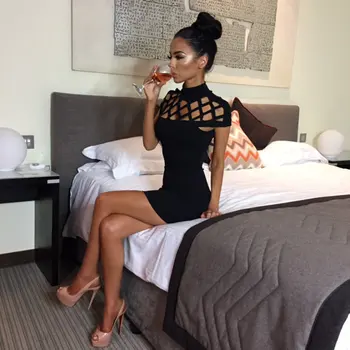 

Summer Autumn 2019 Women Dress Short Sleeve Hollow Out Elastic Christmas Vestidos Sexy Black Bodycon Midi Club Party Dresses