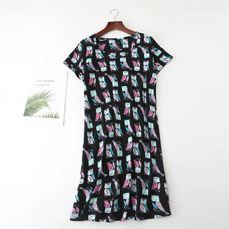 

Cute Nightgown Nightdress Women Print Owl Elephant Dog Loose Dress Knitting Cotton Short Sleeve Loose Lounge Sleepwear D87391